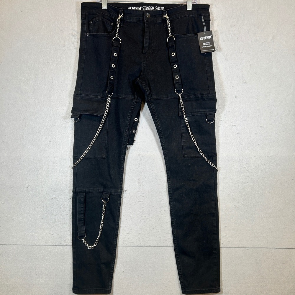 HT Denim Stinger Pants Mens 34x32 Black Tripp Cargo Punk Goth Chains Streetwear